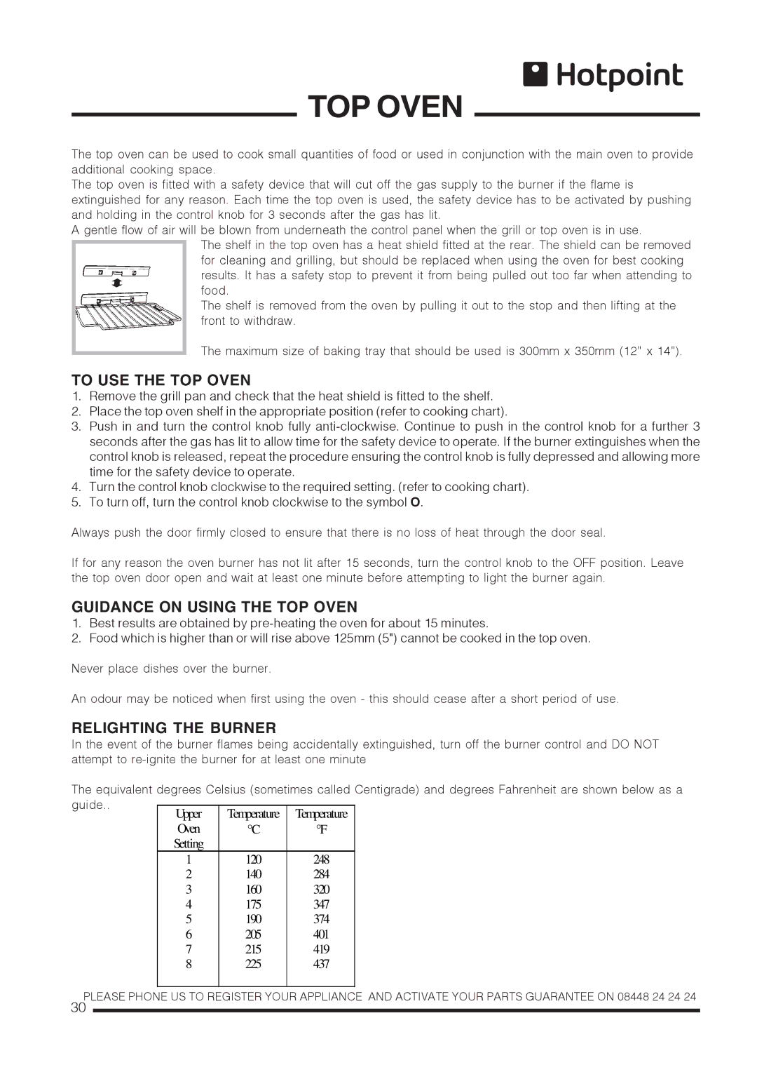 Hotpoint CH60GTCF, CH60GTXF To USE the TOP Oven, Guidance on Using the TOP Oven, Relighting the Burner 