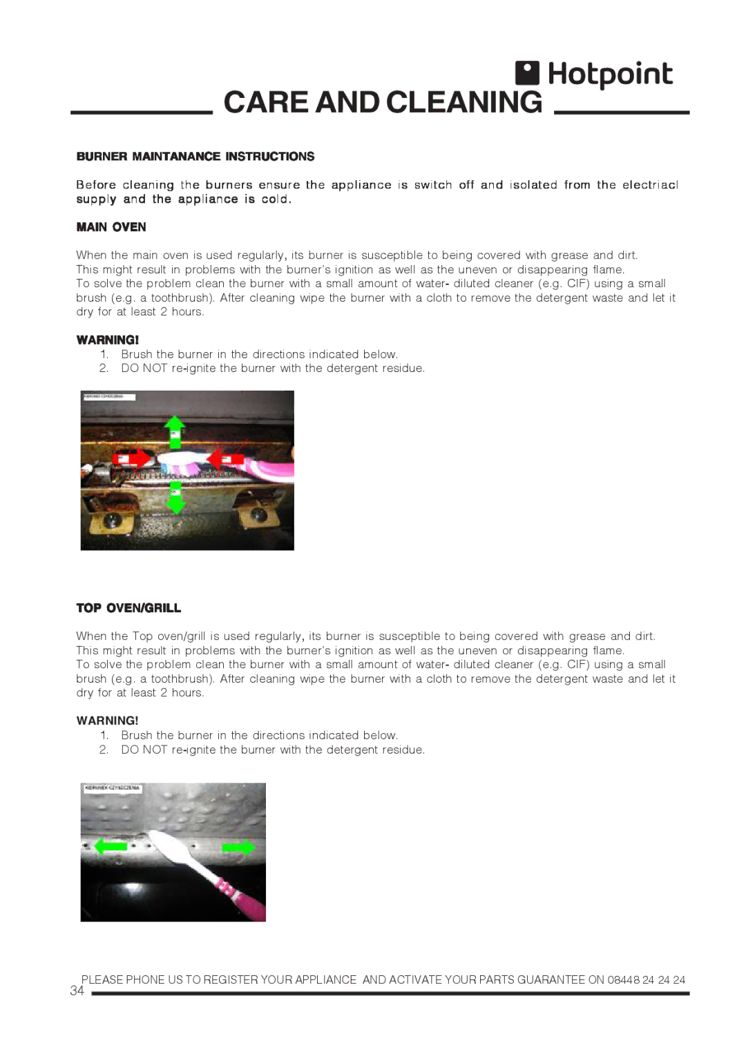 Hotpoint CH60GTCF, CH60GTXF installation instructions Burner Maintanance Instructions, Main Oven, Top Oven/Grill 