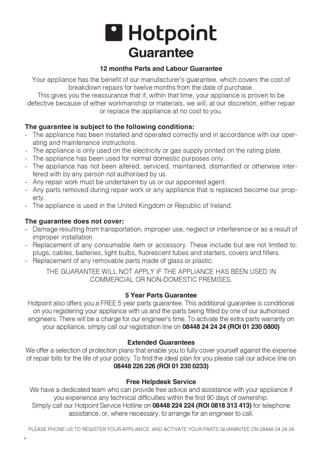 Hotpoint CH60GTXF, CH60GTCF installation instructions Guarantee 