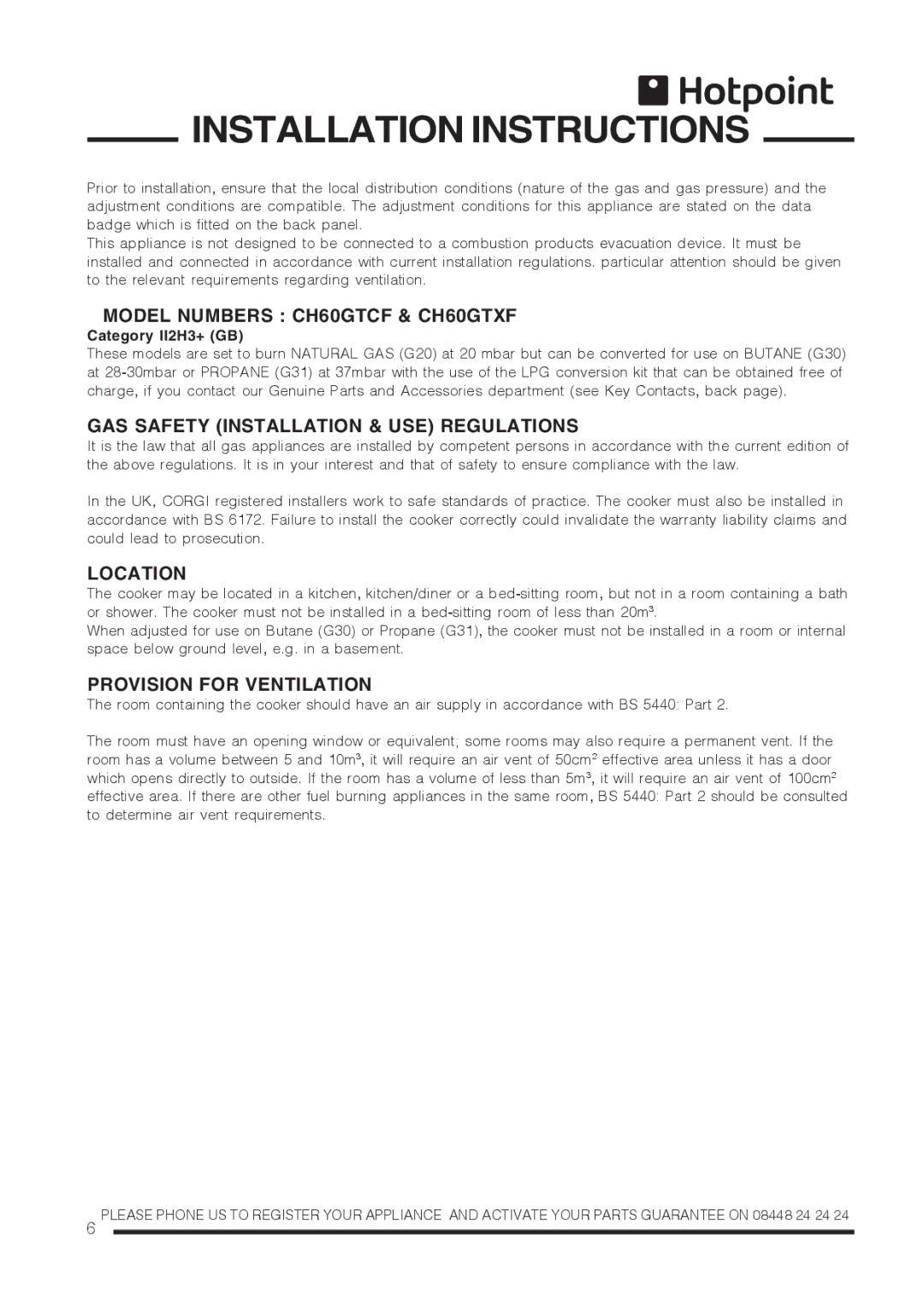 Hotpoint Installation Instructions, Model Numbers CH60GTCF & CH60GTXF, GAS Safety Installation & USE Regulations 