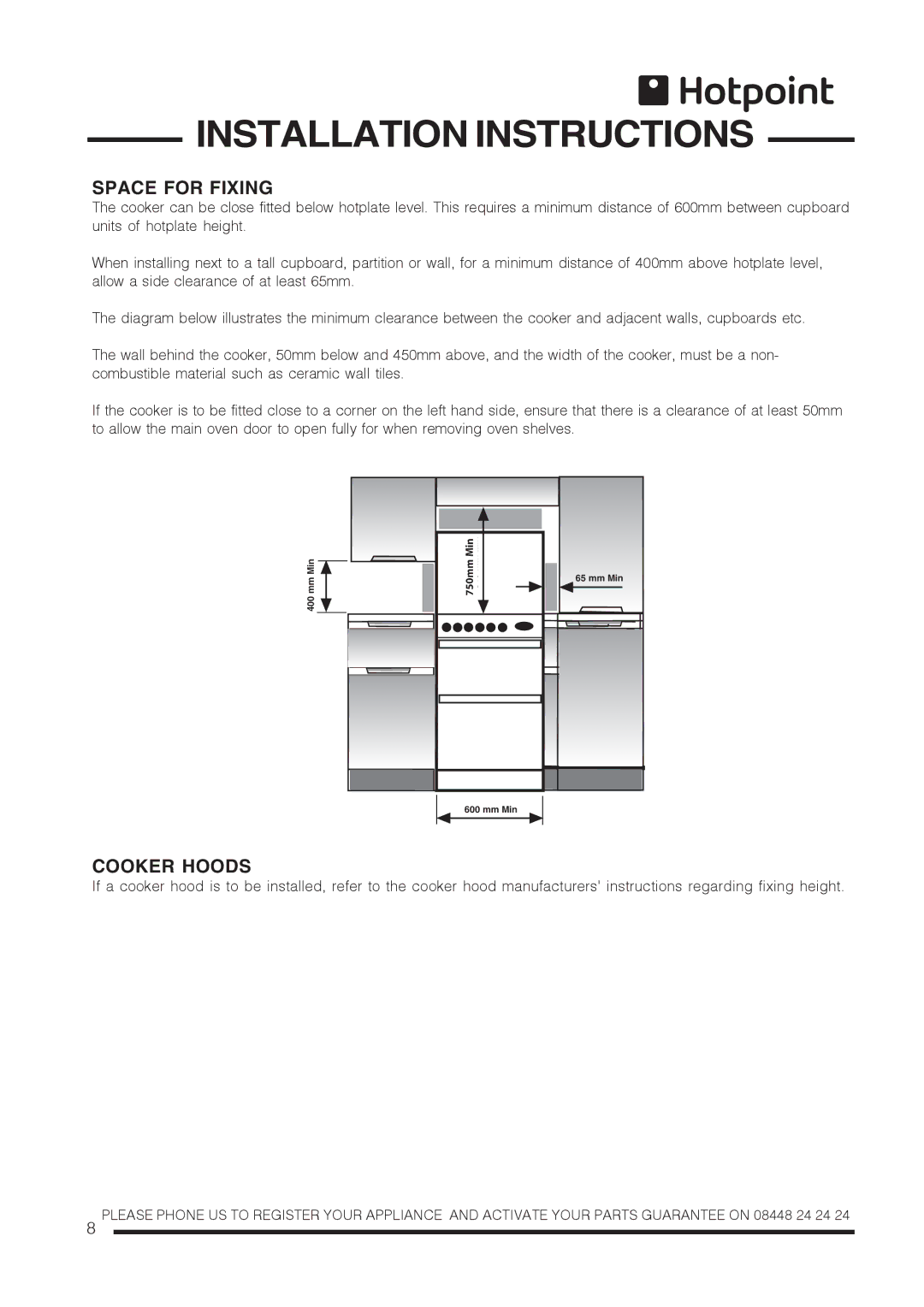 Hotpoint CH60GTCF, CH60GTXF installation instructions Space for Fixing, Cooker Hoods 