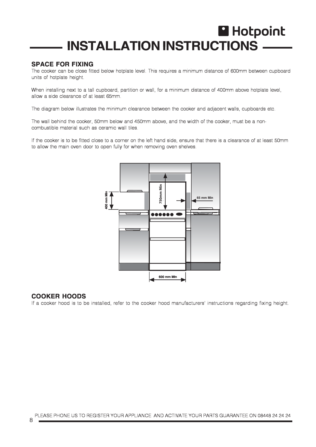 Hotpoint CH60GTCF, CH60GTXF installation instructions Space For Fixing, Cooker Hoods, Installation Instructions 
