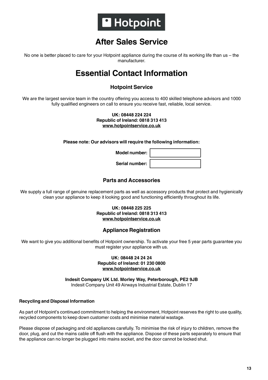 Hotpoint CIC 642 C, CIA 641 C S operating instructions After Sales Service 