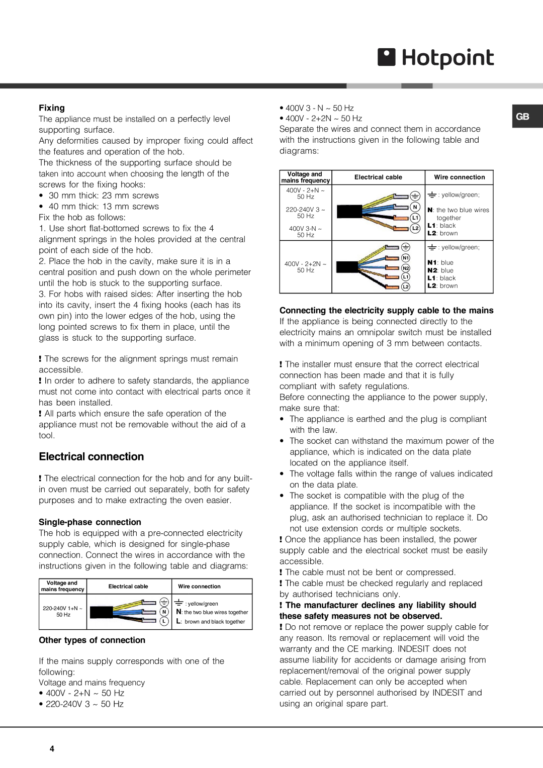 Hotpoint CIA 641 C S, CIC 642 C Electrical connection, Fixing, Single-phase connection, Other types of connection 