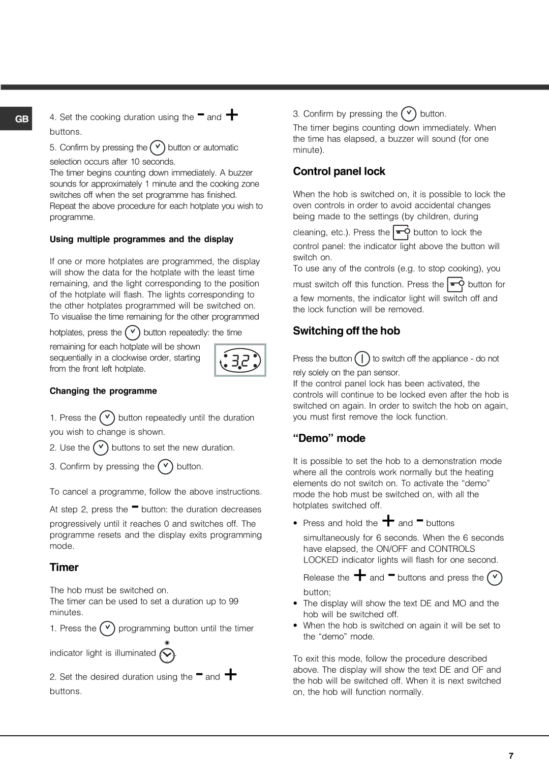 Hotpoint CIC 642 C, CIA 641 C S operating instructions Timer, Control panel lock, Switching off the hob, Demo mode 