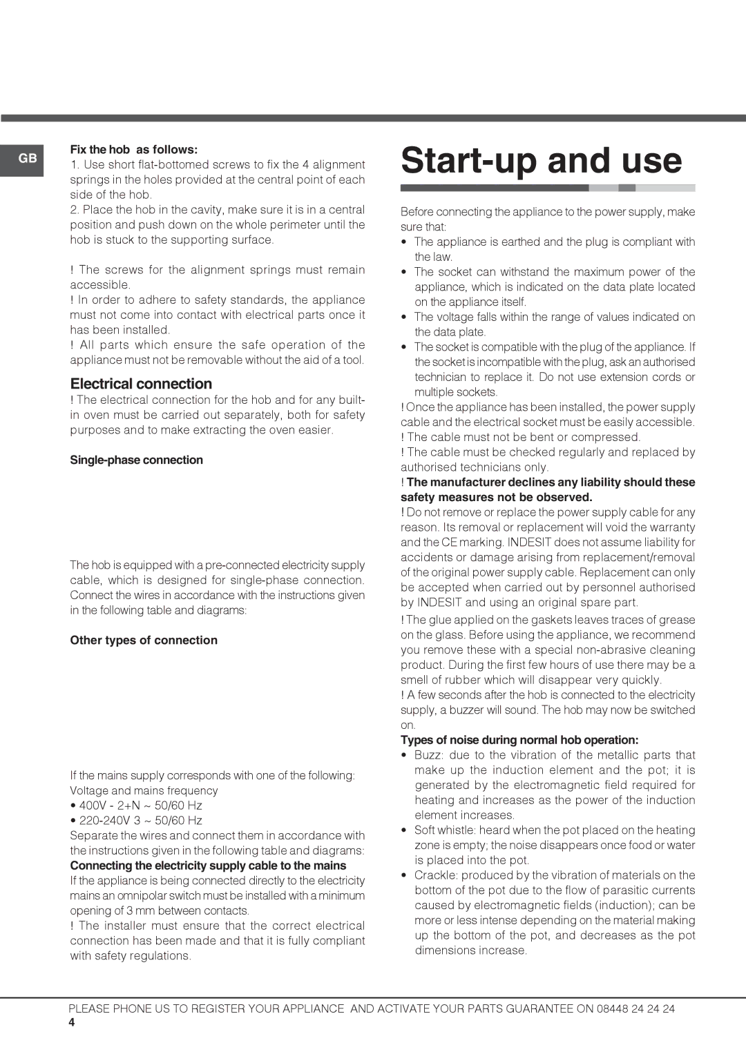 Hotpoint CIB644.1 CE, CIB 644 B E, CIB 644 C E, CIB 64 C. S operating instructions Start-up and use, Electrical connection 