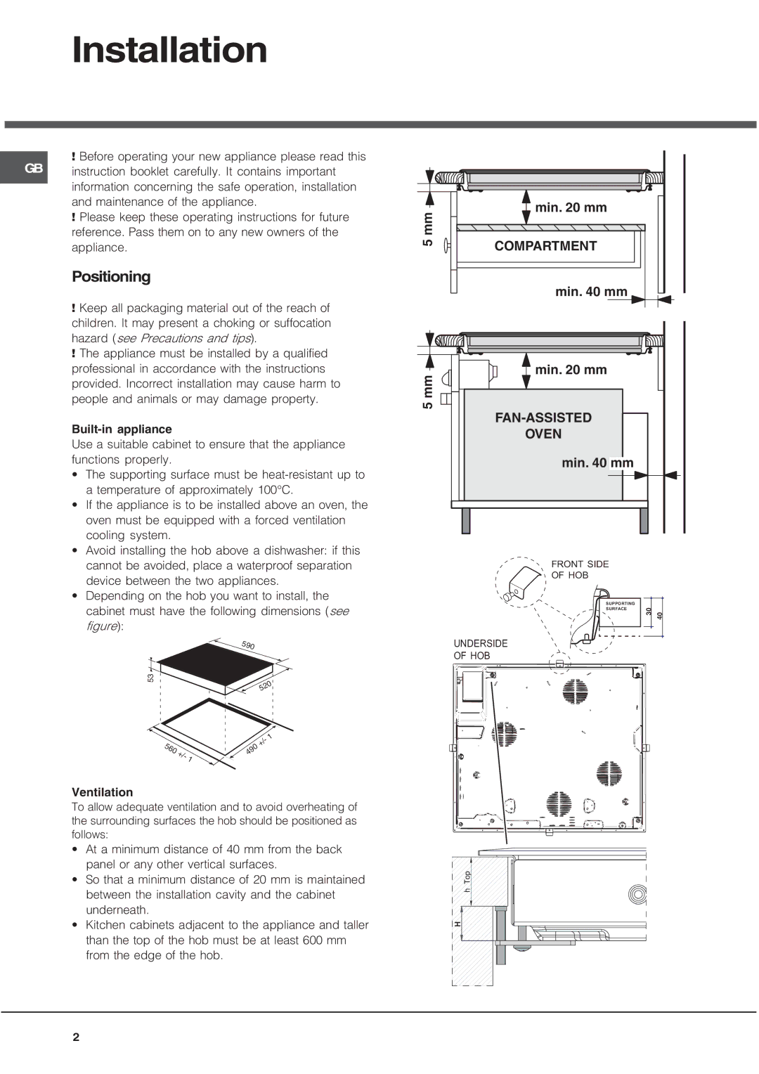 Hotpoint CIC 642 C manual Installation, Positioning 