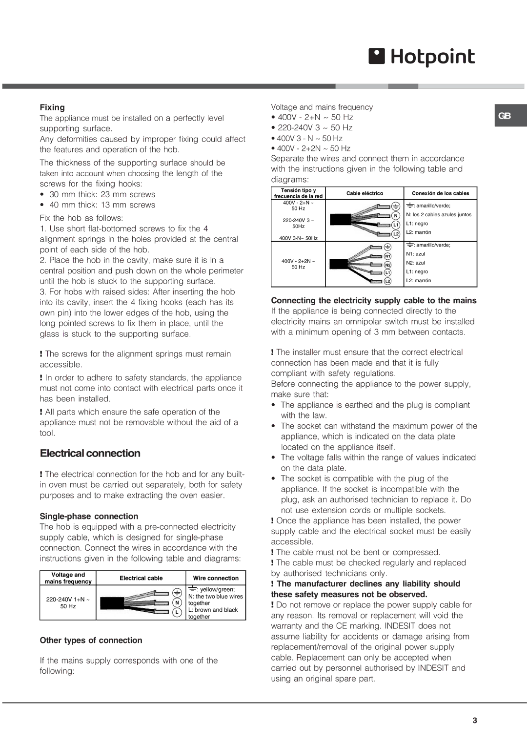 Hotpoint CIC 642 C manual Electrical connection, Single-phase connection 