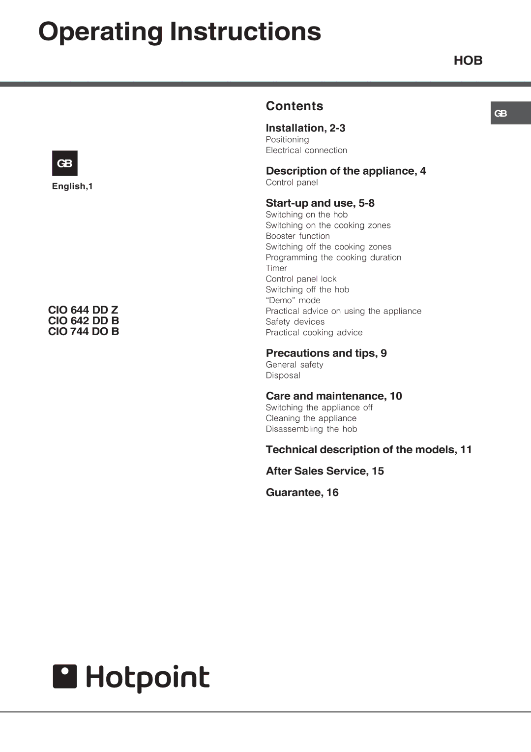 Hotpoint CIO 744 DO B, CIO 642 DD B, CIO 640 DD Z manual Operating Instructions, Hob 