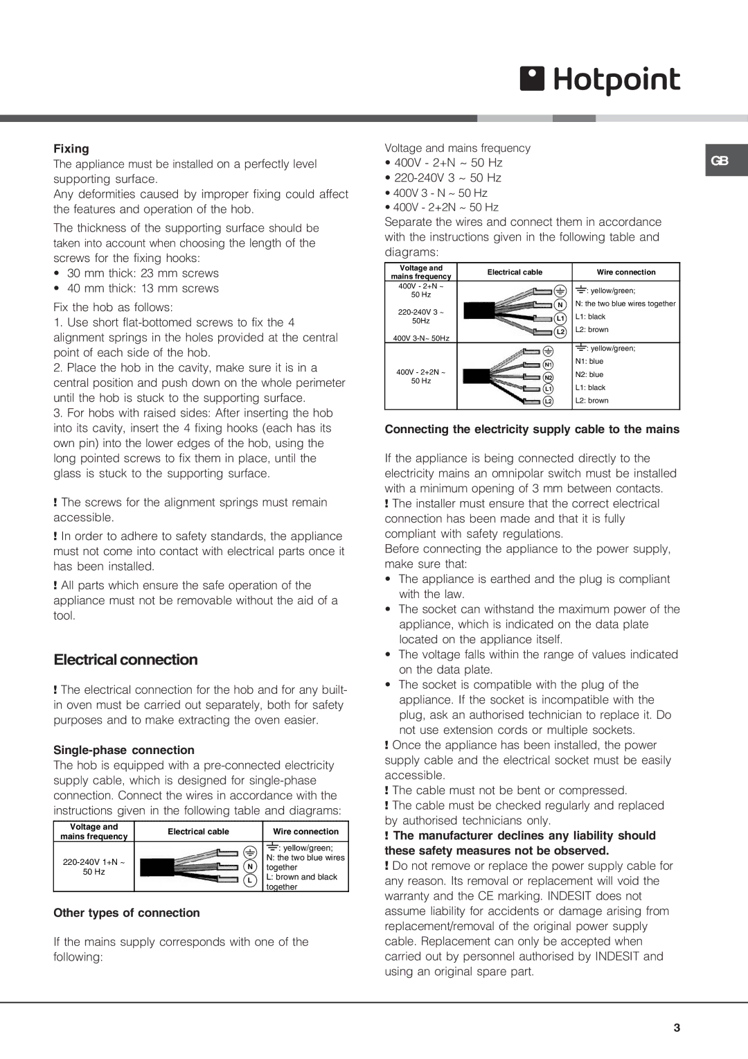 Hotpoint CIO 642 DD B, CIO 744 DO B, CIO 640 DD Z manual Electrical connection, Fixing, 400V 2+N ~ 50 Hz 220-240V 3 ~ 50 Hz 