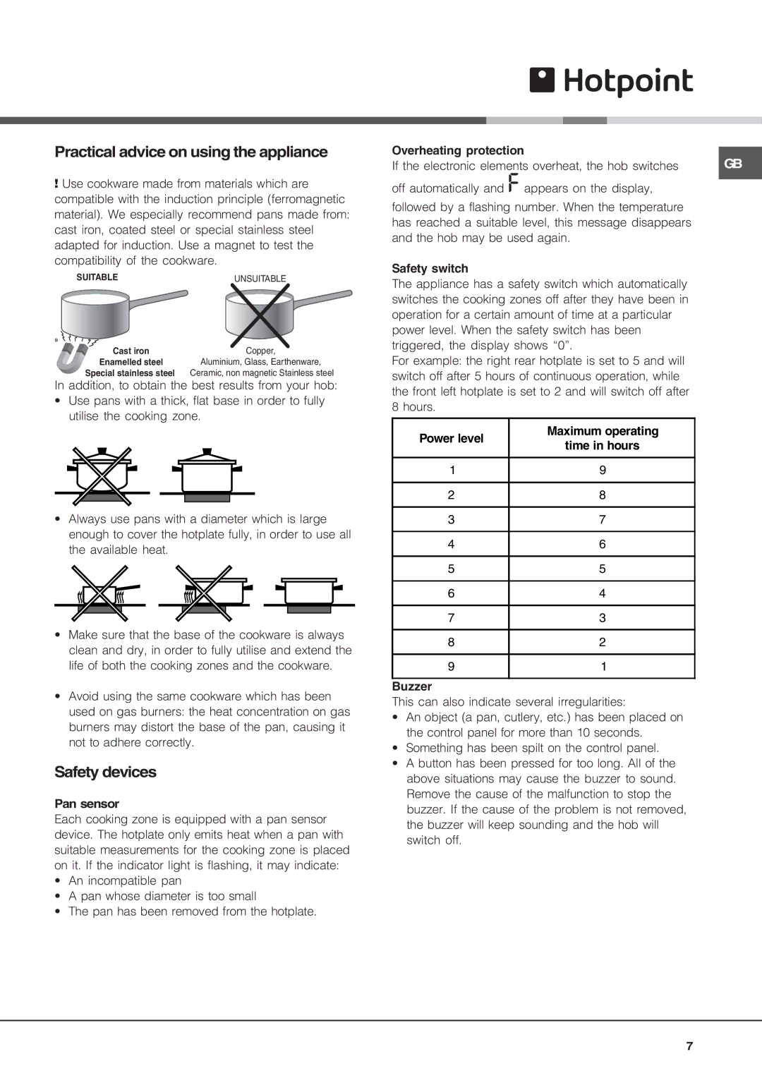 Hotpoint CIO 744 DO B, CIO 642 DD B, CIO 640 DD Z manual Practical advice on using the appliance, Safety devices, Pan sensor 