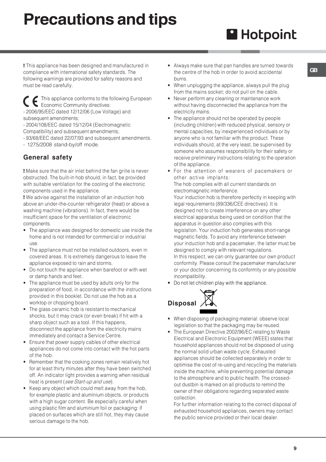 Hotpoint CIO 642 DD B, CIO 744 DO B, CIO 640 DD Z manual Precautions and tips, General safety, Disposal 