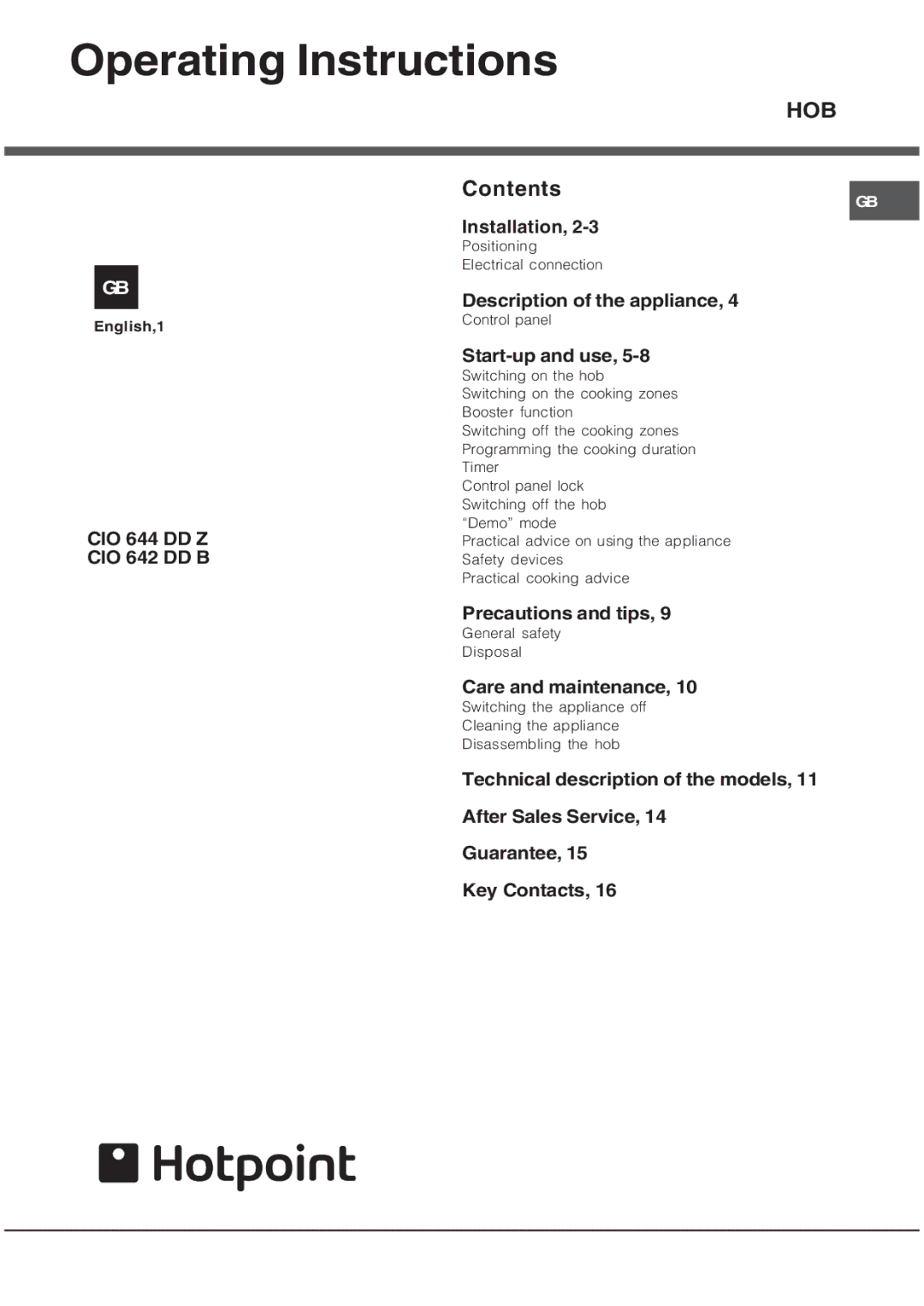 Hotpoint CIO 642 DD B, CIO 644 DD Z operating instructions Operating Instructions, Hob 