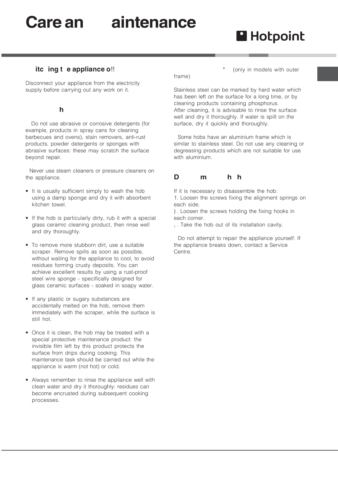 Hotpoint CRA 641 DC Care and maintenance, Switching the appliance off, Cleaning the appliance, Disassembling the hob 