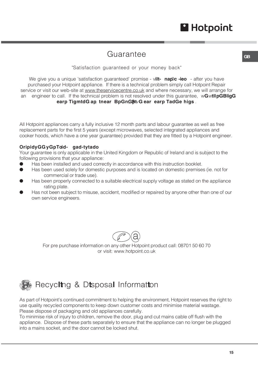 Hotpoint CRA 641 DC operating instructions Guarantee 