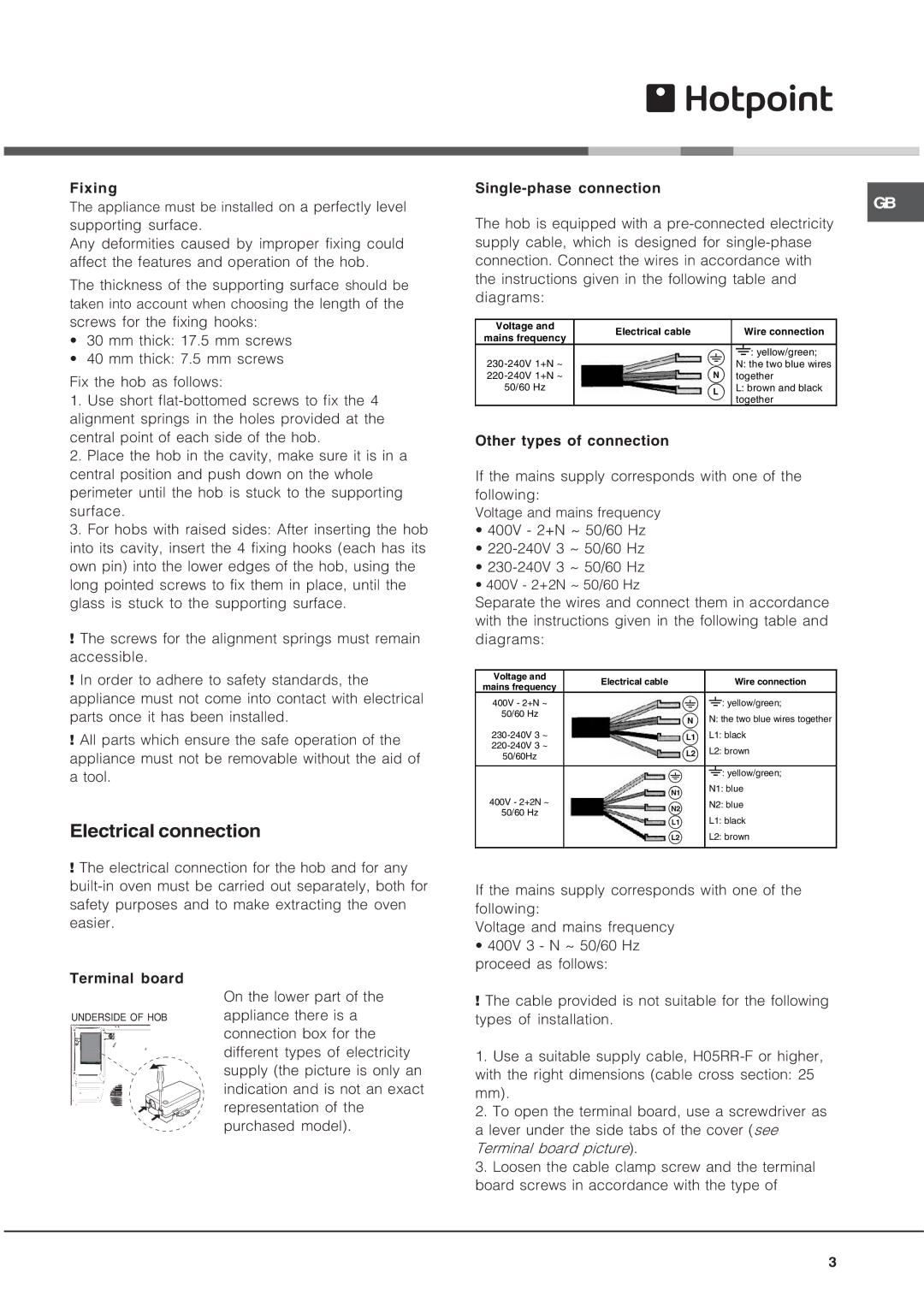 Hotpoint CRA 641 DC operating instructions Electrical connection, Voltage Electrical cable Wire connection 