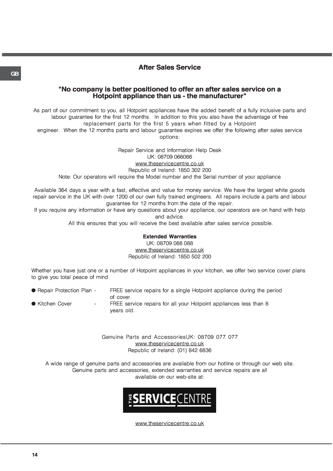 Hotpoint CRA 641 DC operating instructions After Sales Service, Hotpoint appliance than us - the manufacturer 