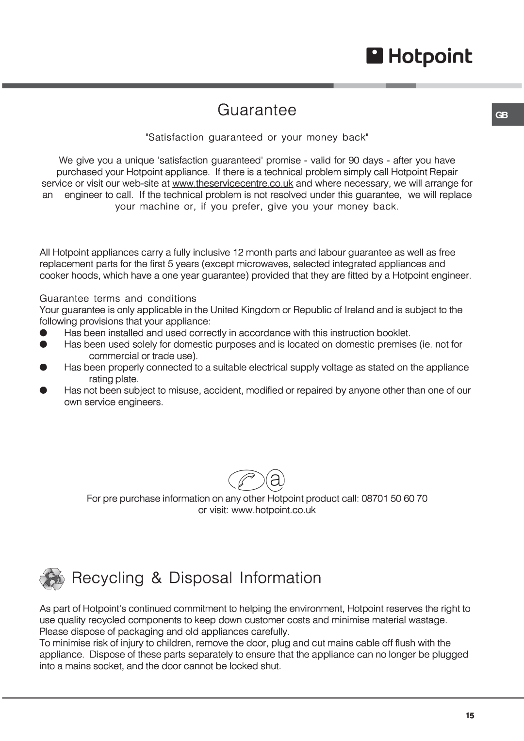 Hotpoint CRA 641 DC operating instructions Guarantee, Recycling & Disposal Information 