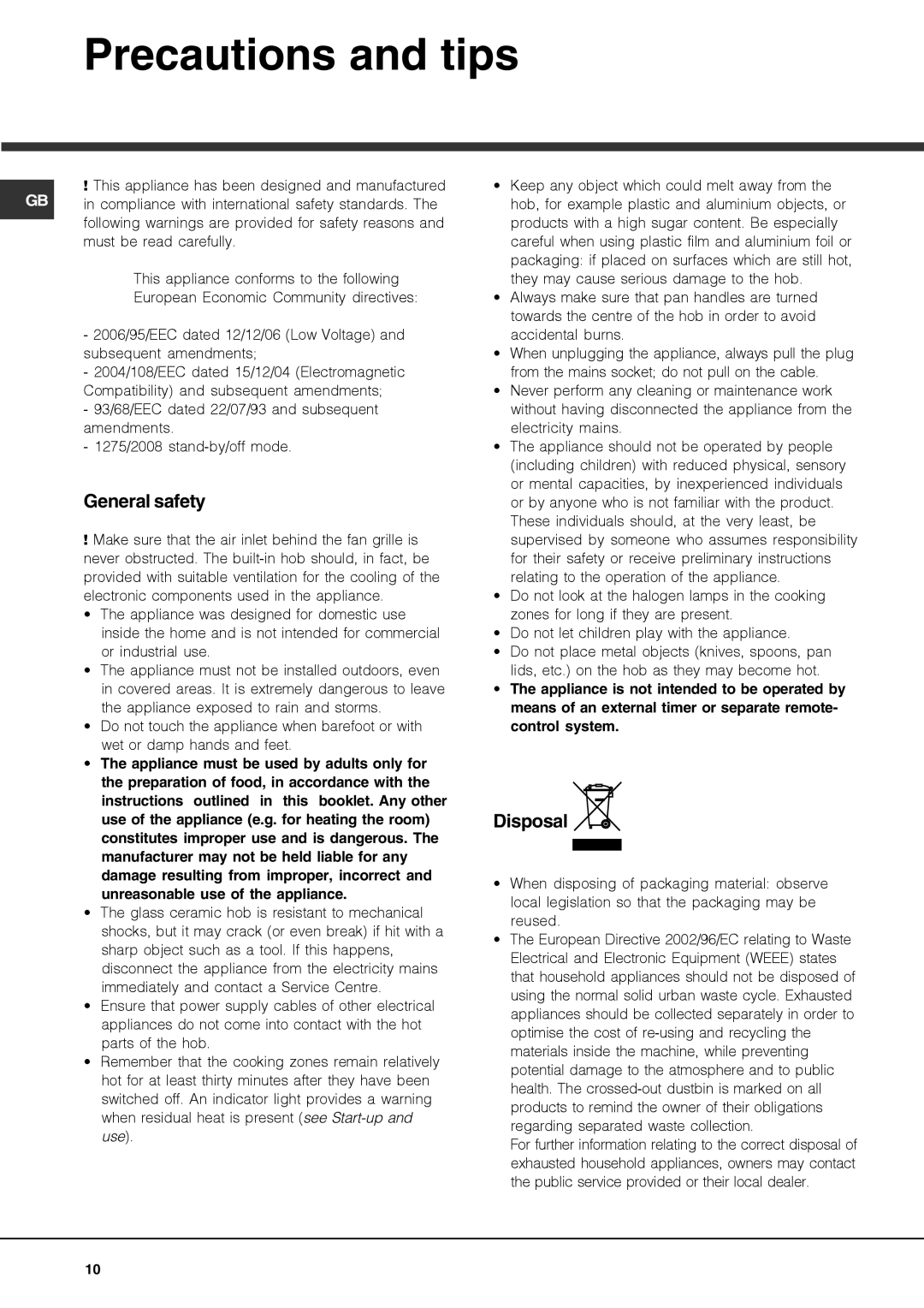 Hotpoint CRA manual Precautions and tips, General safety, Disposal 