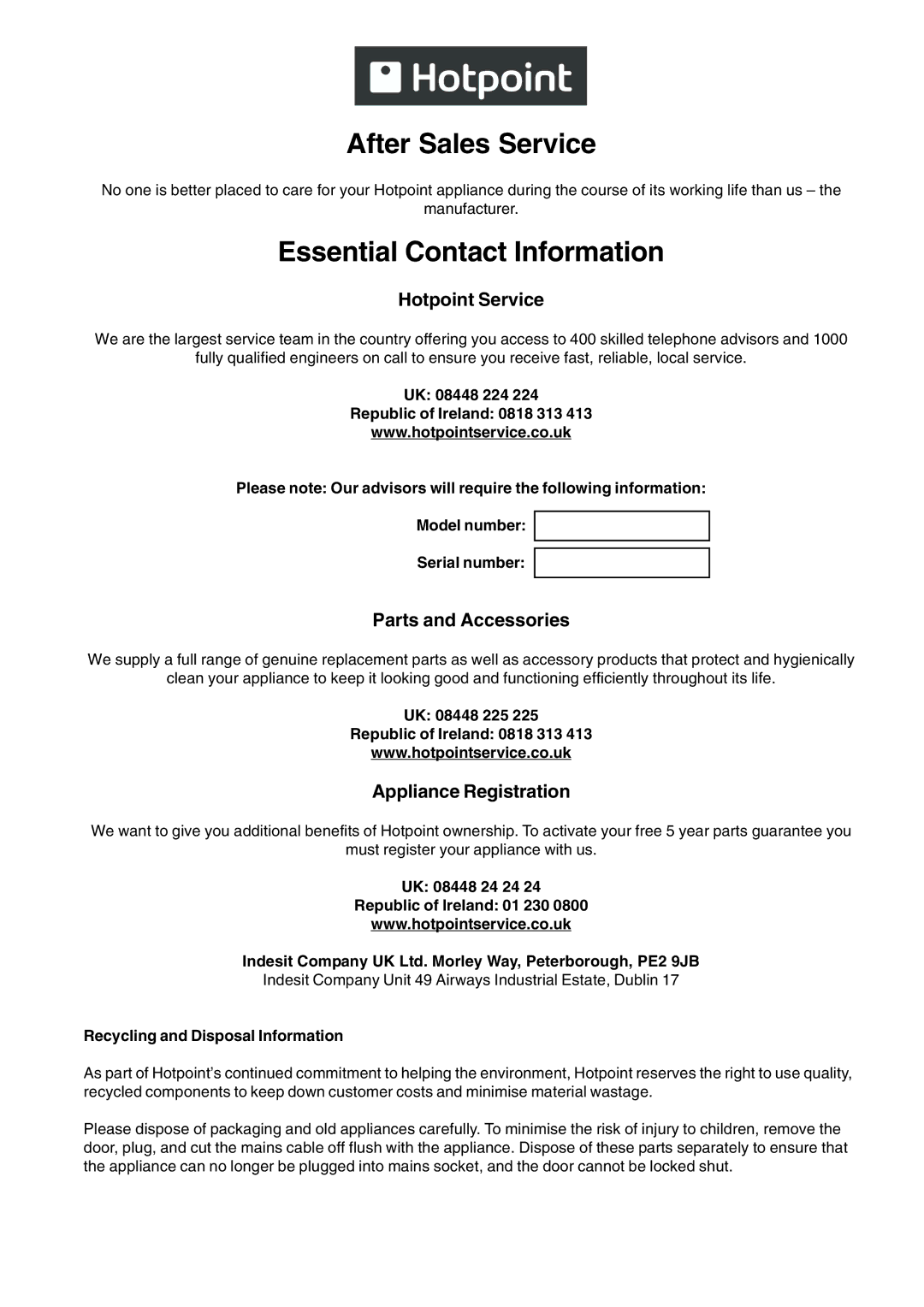 Hotpoint CRA manual After Sales Service 