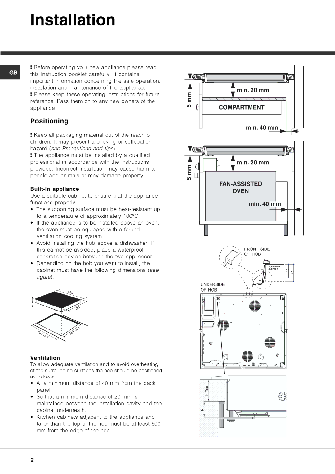 Hotpoint CRA manual Installation, Positioning, Built-in appliance, Ventilation 