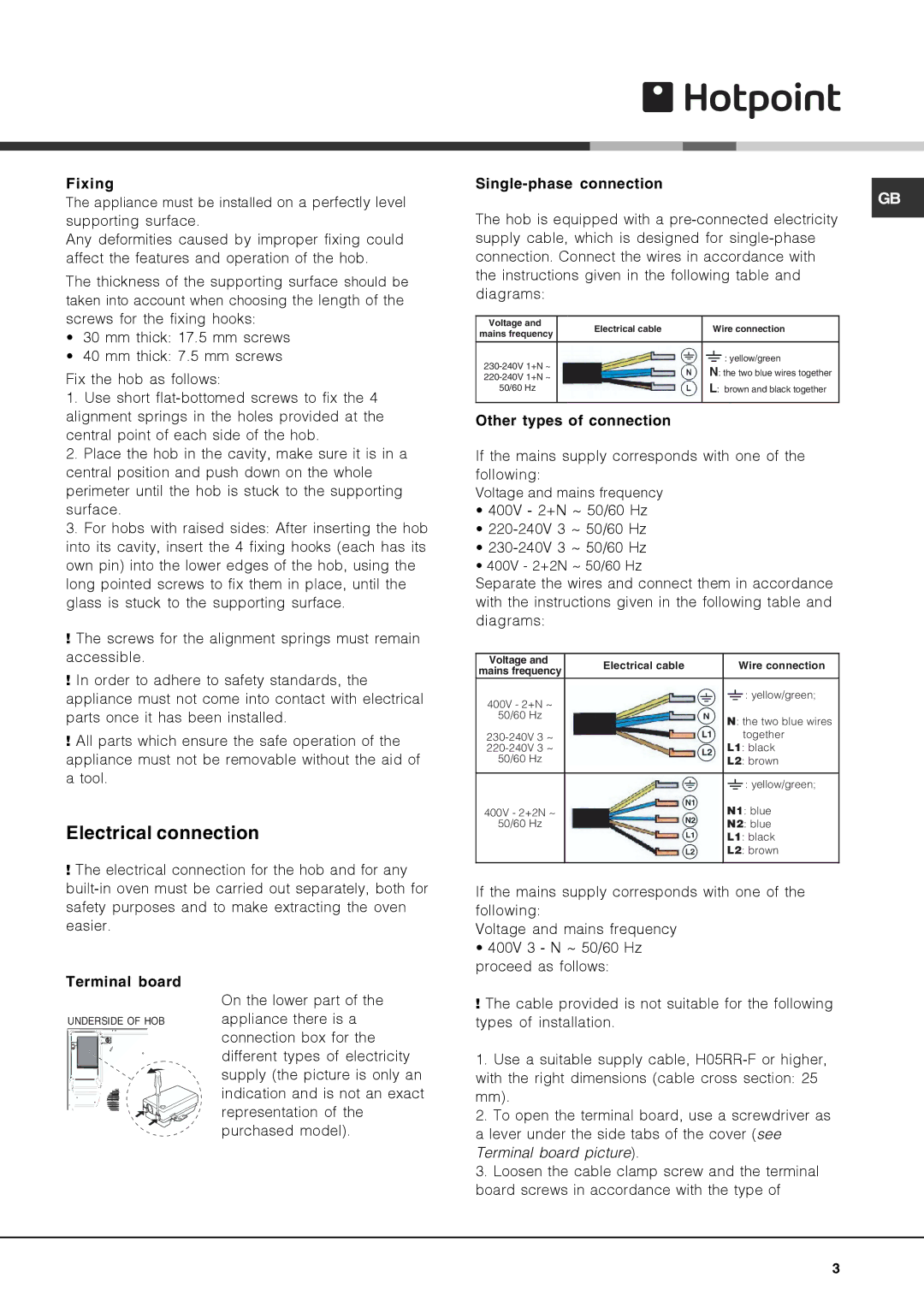 Hotpoint CRA manual Electrical connection, Fixing, Single-phase connection, Other types of connection, Terminal board 