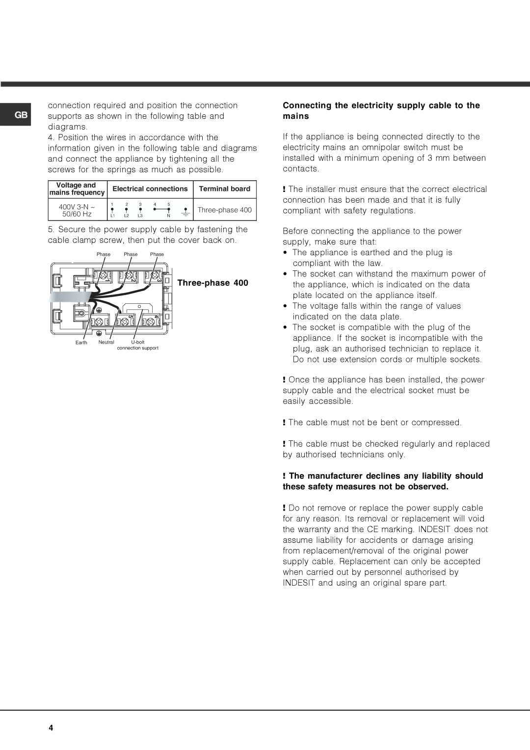 Hotpoint CRA manual Connecting the electricity supply cable to the mains, Three-phase 