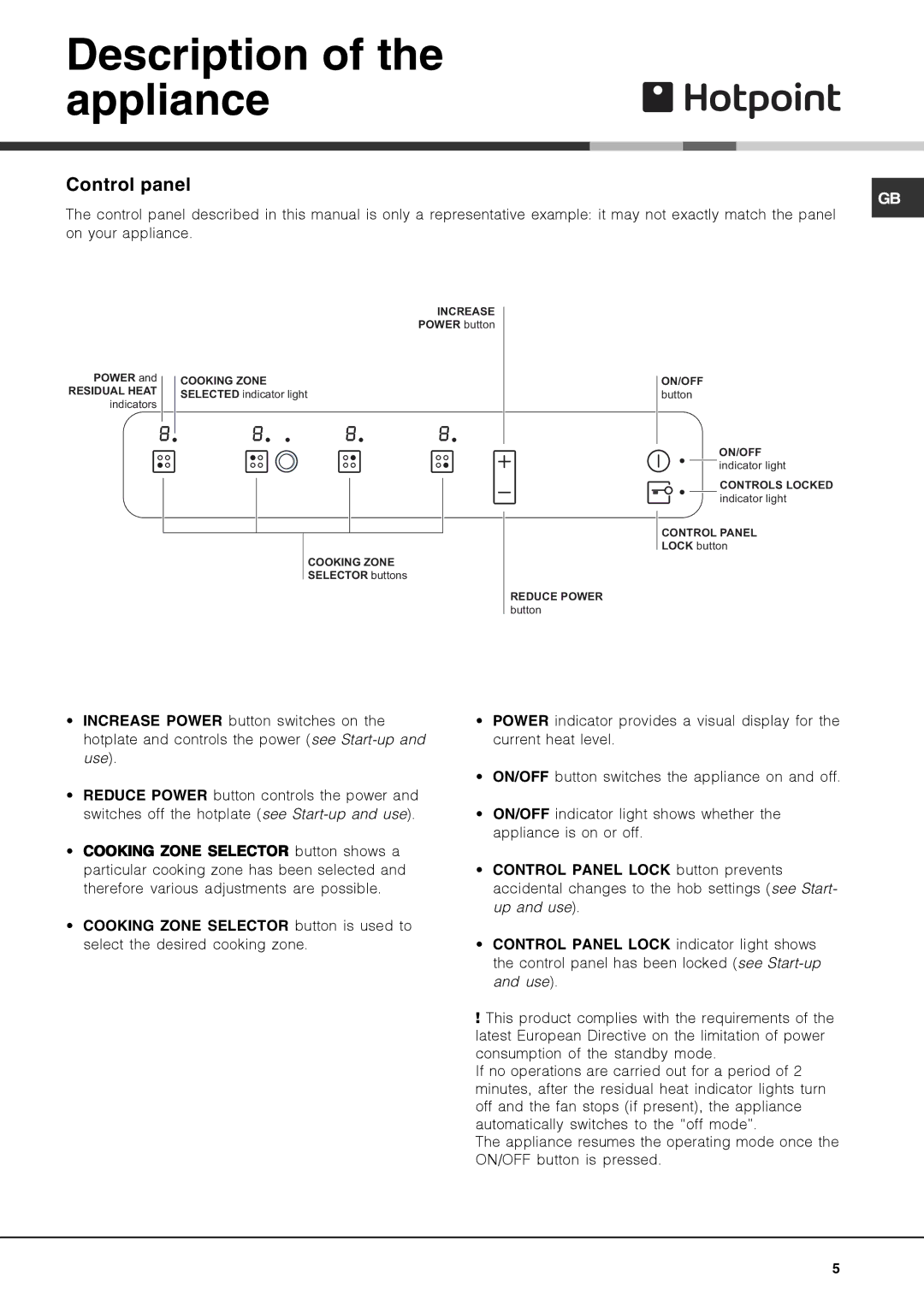 Hotpoint CRA manual Description of the appliance, Control panel 