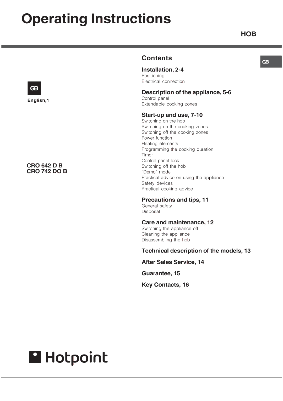 Hotpoint CRO 642 D B, CRO 742 DO B operating instructions Operating Instructions, Hob 