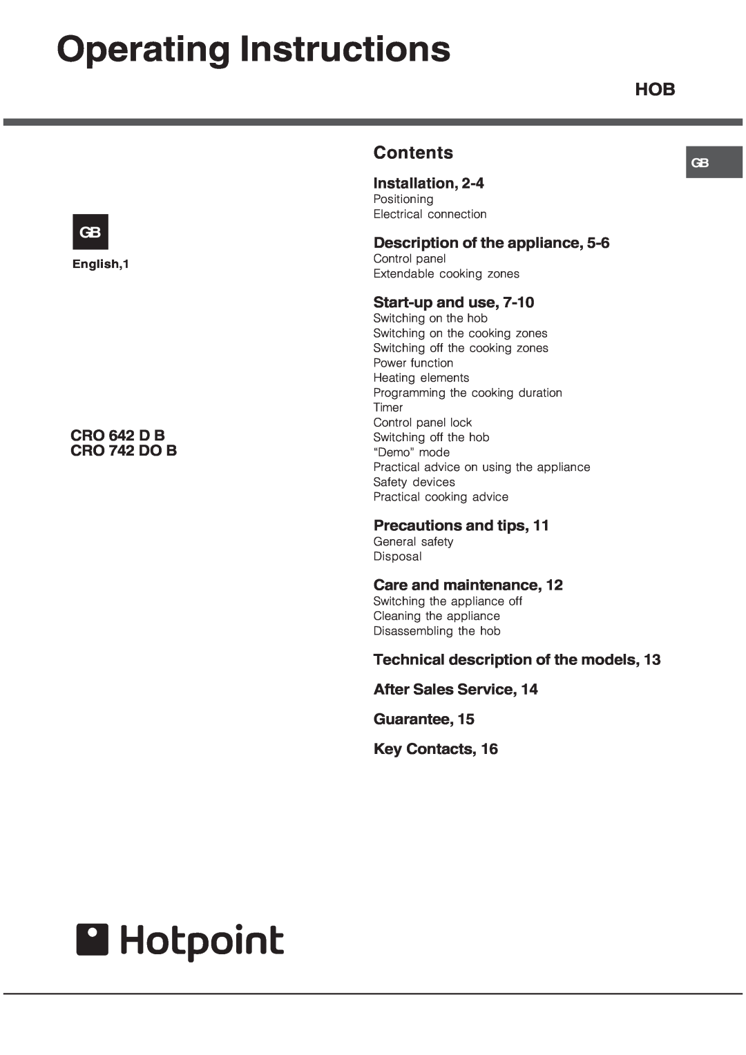 Hotpoint CRO 642 D B operating instructions Operating Instructions, Installation, Description of the appliance, Contents 