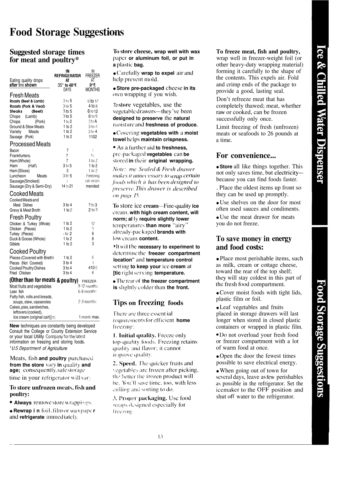 Hotpoint CSX24X Food Storage Su~estions, For convenience, To save money in ene~y and food costi, Tips on freezing foods 