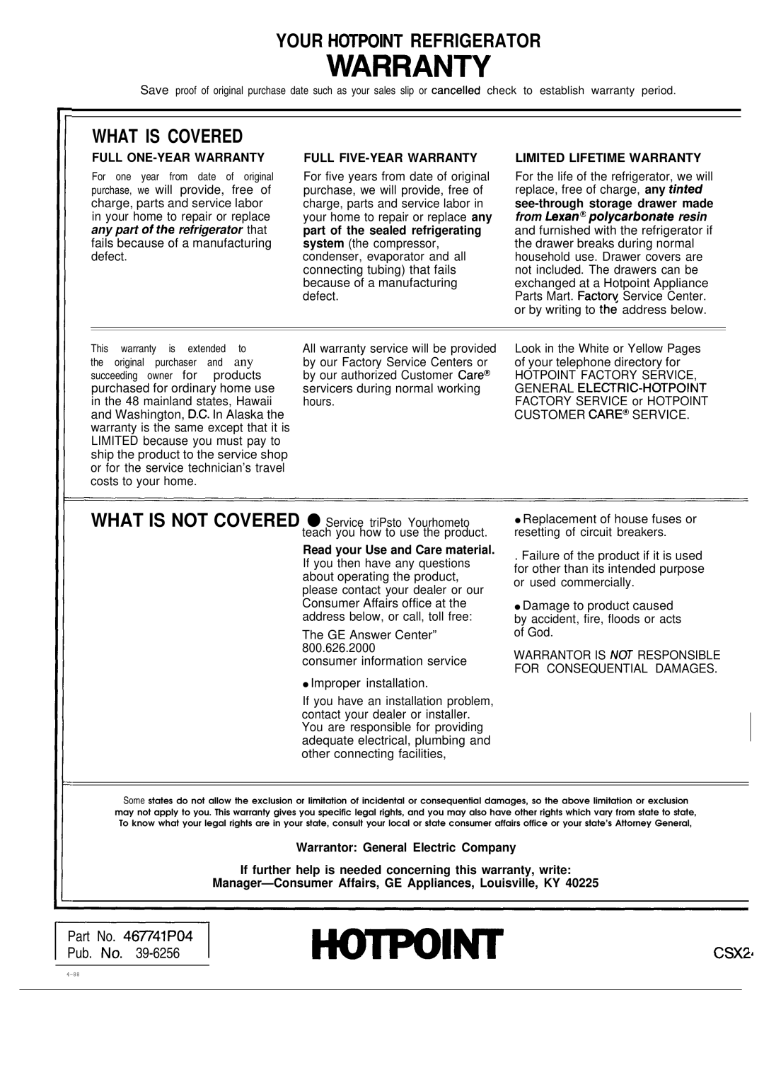 Hotpoint CSX24X warranty Warran~ 