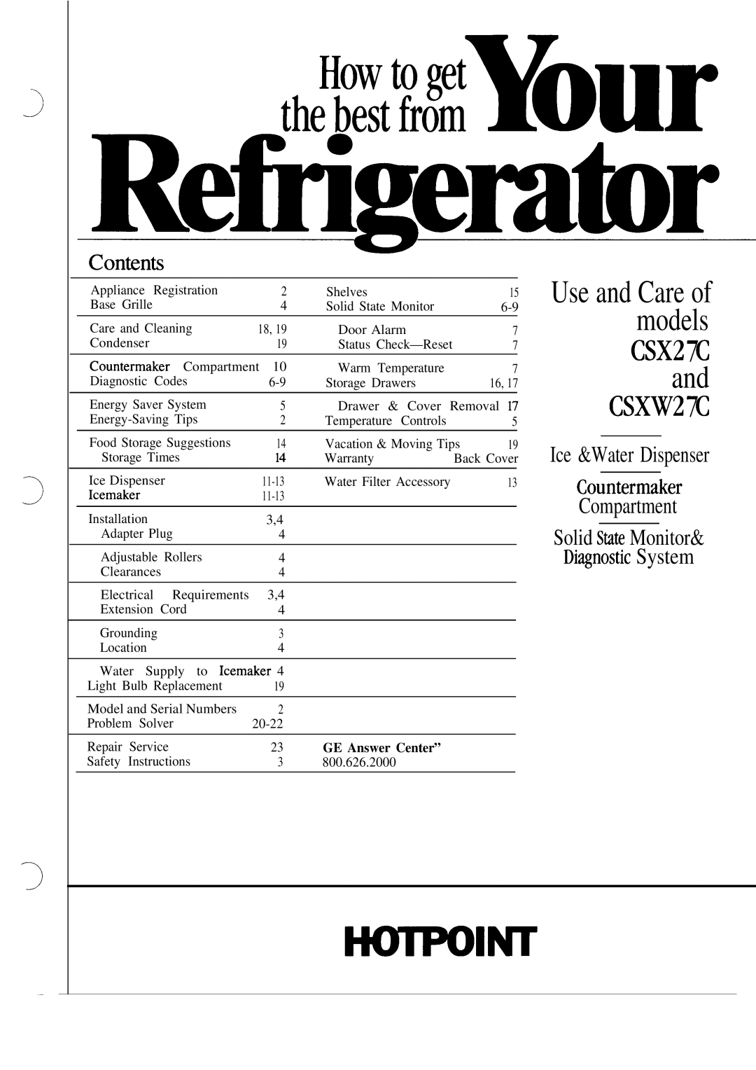 Hotpoint CSX27C warranty Conkn@, GE Answer Center 