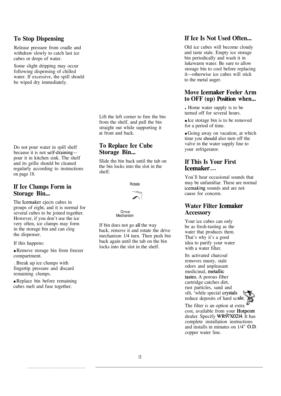 Hotpoint CSX27C warranty To Stop Dispensing, If Ice Clumps Form Storage Bin, To Replace Ice Cube Storage Bin 