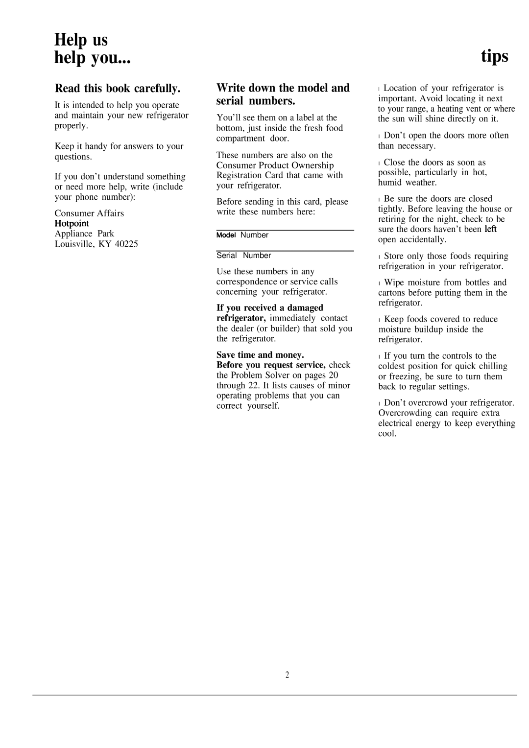 Hotpoint CSX27C Help us Help you, Ene~y-saving tips, Read this book carefully, Write down the model and serial numbers 