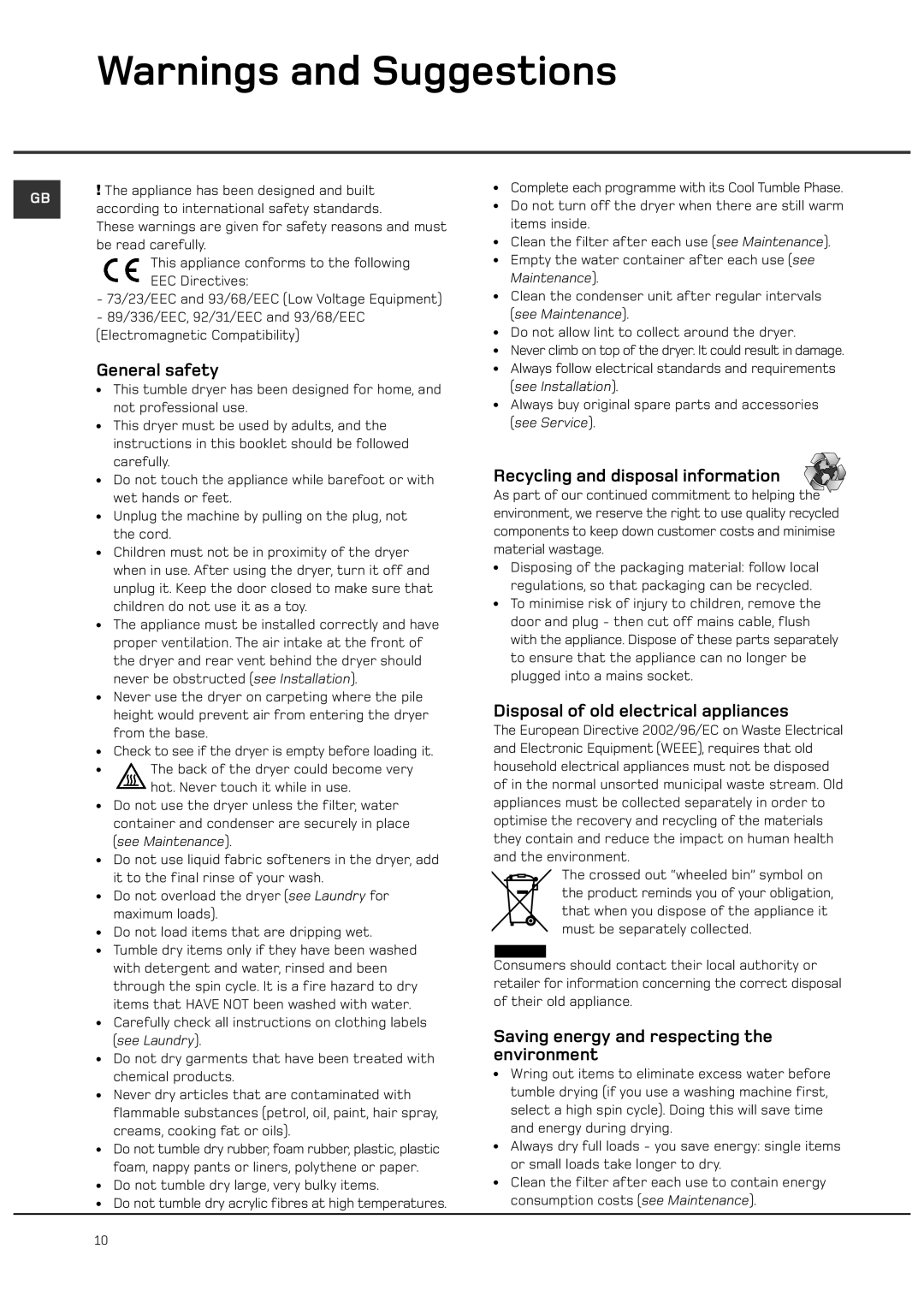 Hotpoint CTD00 manual General safety, Recycling and disposal information, Disposal of old electrical appliances 