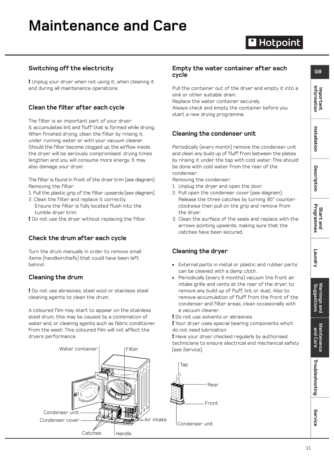 Hotpoint CTD00 manual Maintenance and Care 