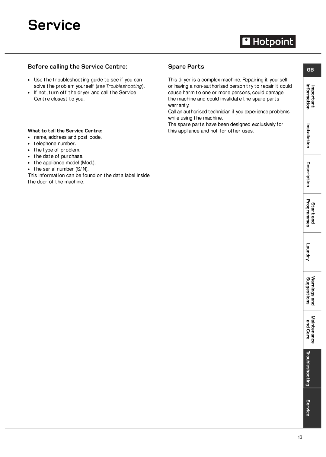 Hotpoint CTD00 manual Before calling the Service Centre, Spare Parts, What to tell the Service Centre 