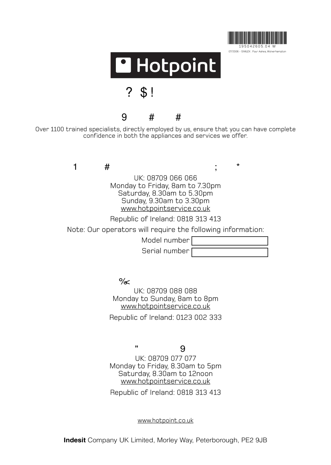 Hotpoint CTD00 manual Key Contacts 