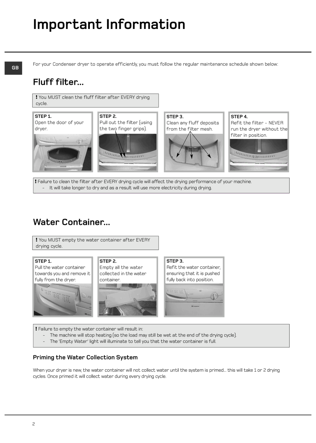 Hotpoint CTD00 manual Important Information, Priming the Water Collection System 