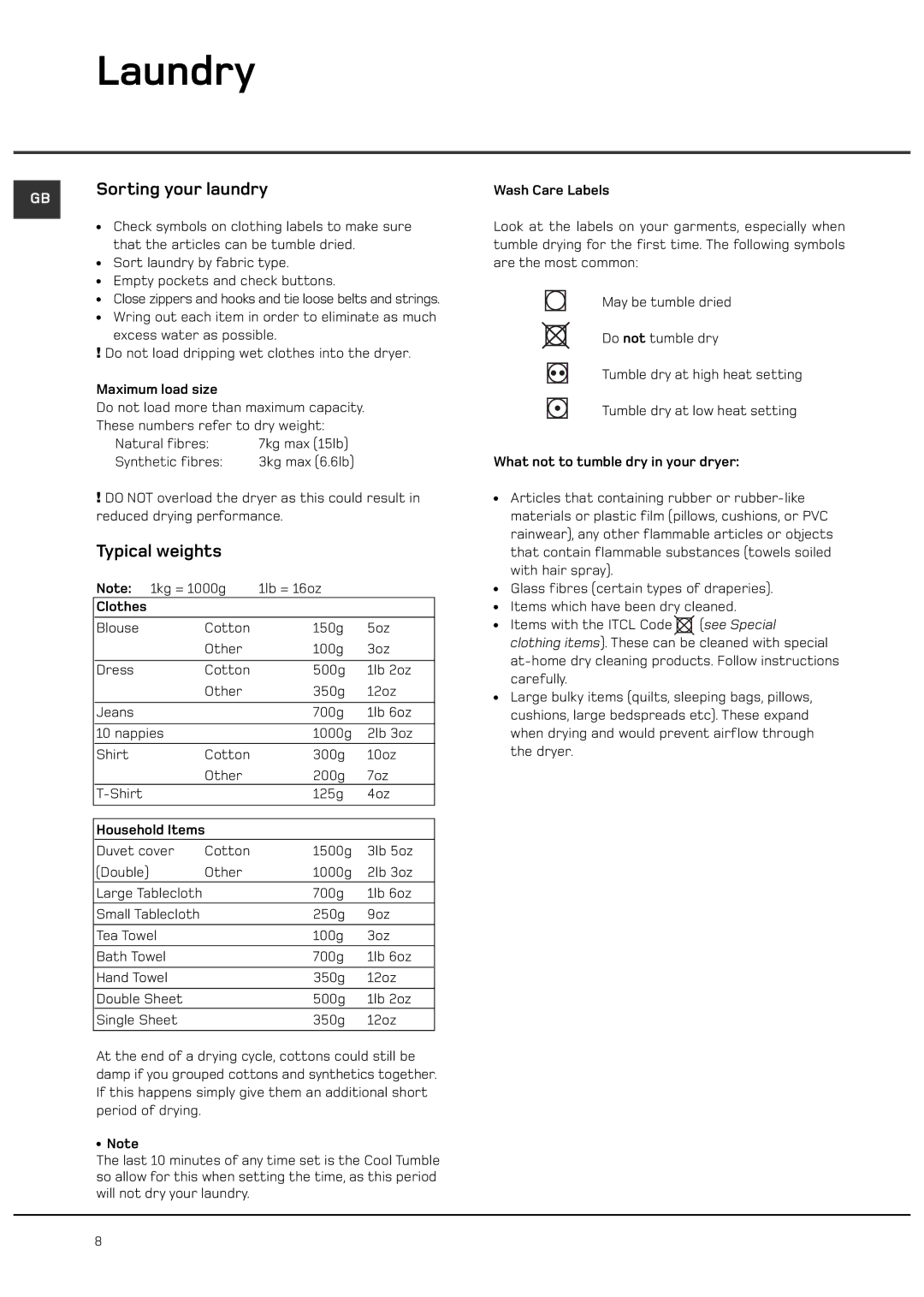 Hotpoint CTD00 manual Laundry, Sorting your laundry, Typical weights 