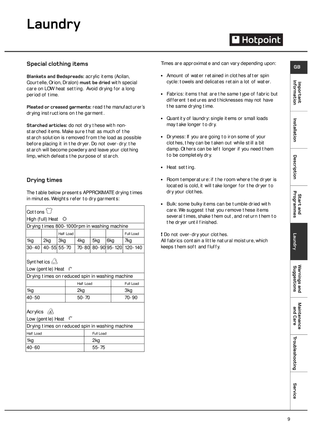 Hotpoint CTD00 manual Special clothing items, Drying times 