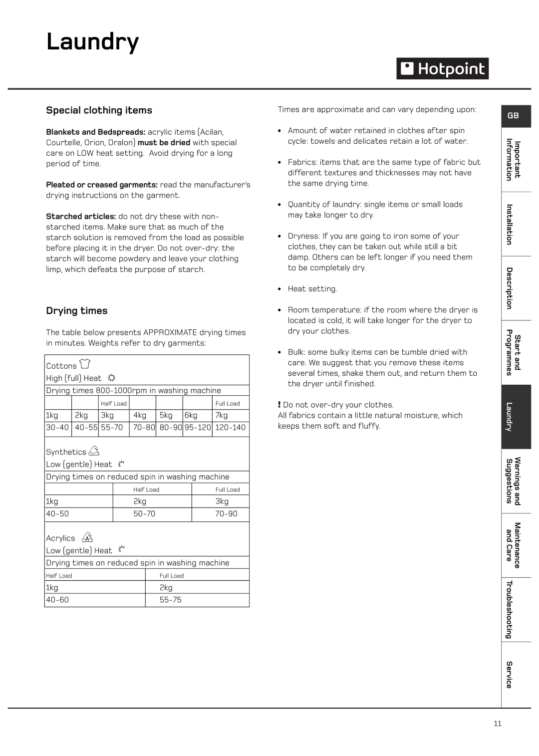 Hotpoint CTD40 manual Special clothing items, Drying times 