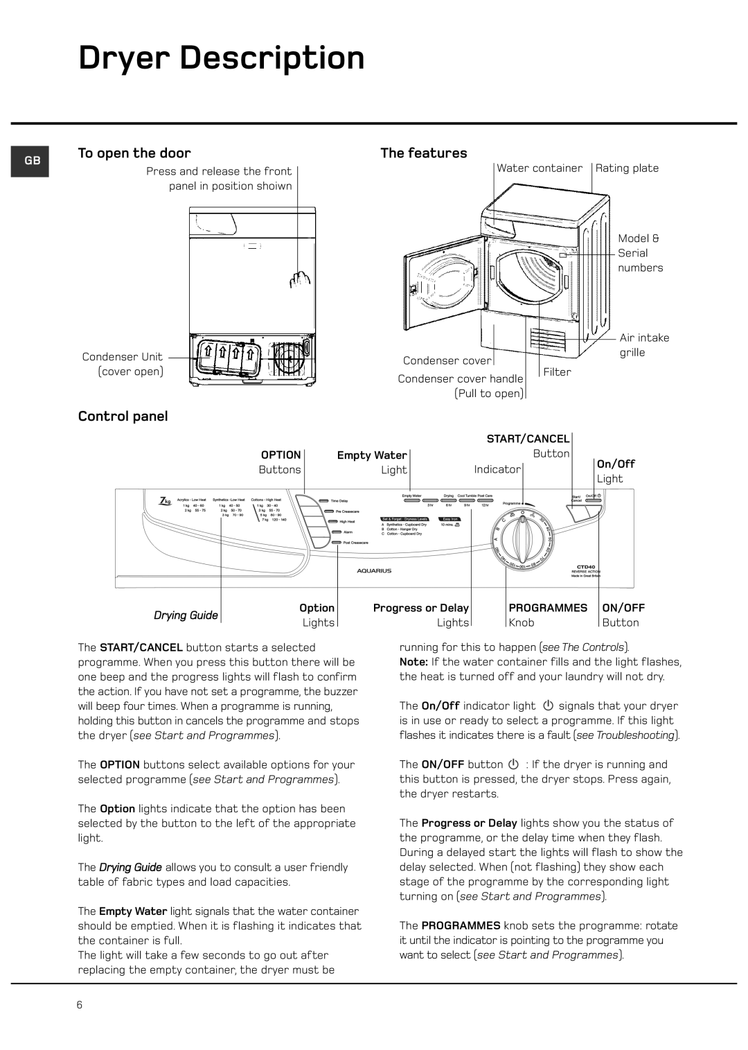 Hotpoint CTD40 manual Dryer Description, To open the door, Control panel, Features 