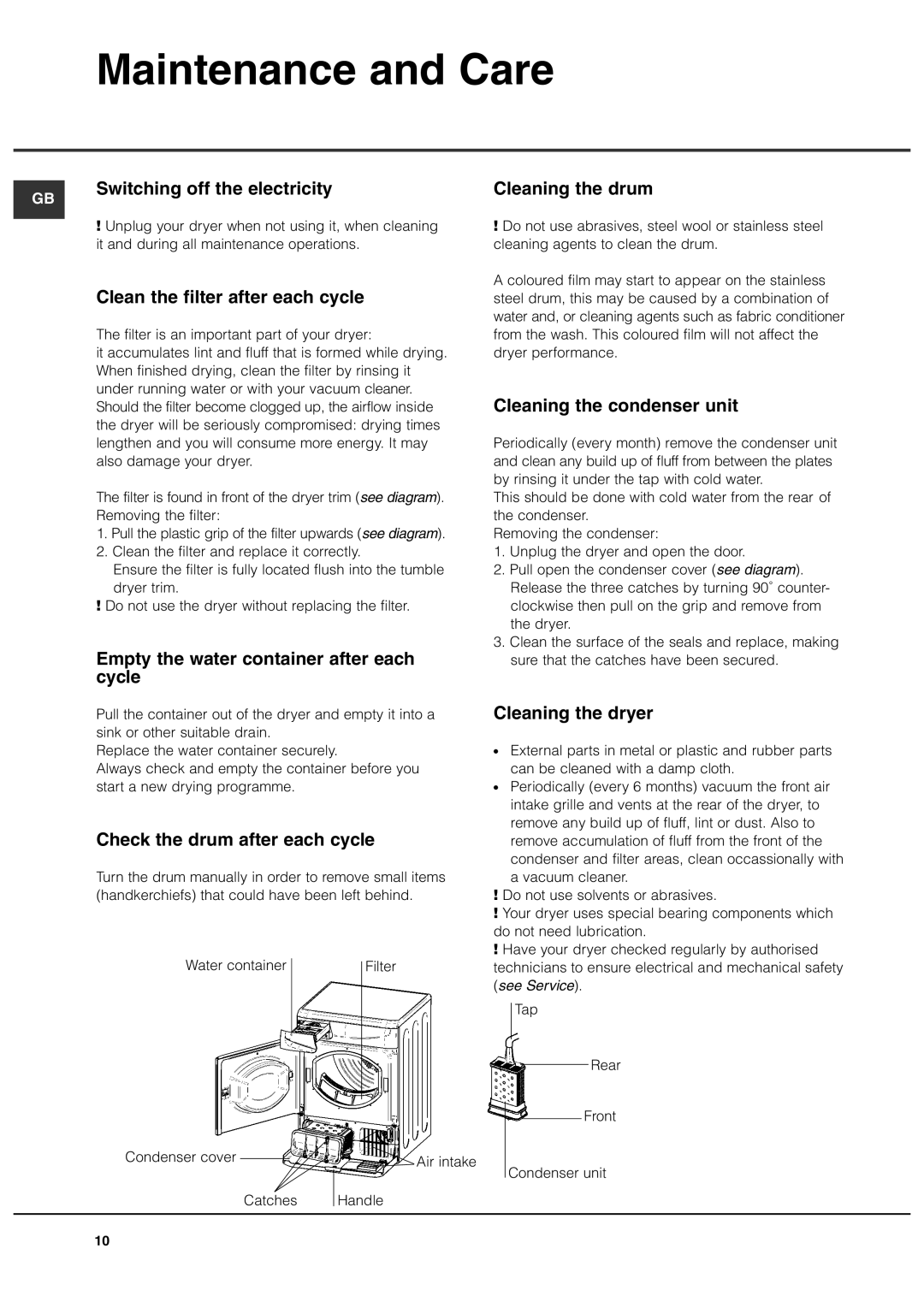 Hotpoint CTD80 manual Maintenance and Care 