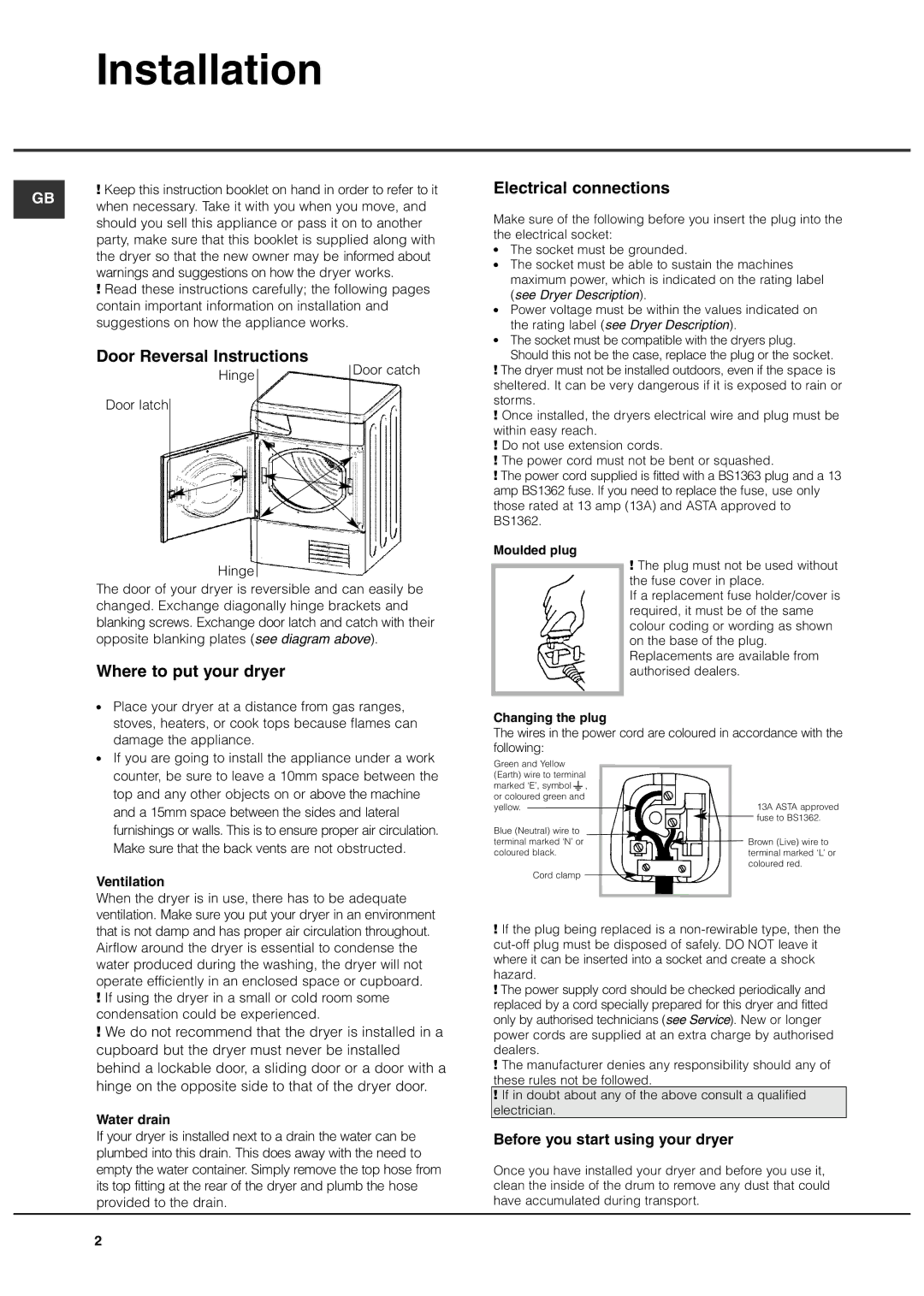 Hotpoint CTD80 manual Installation, Before you start using your dryer 