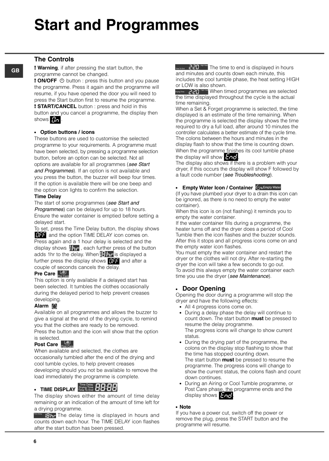 Hotpoint CTD80 manual Controls, Door Opening 