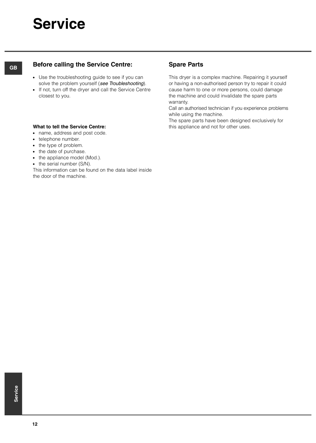 Hotpoint CTD85 manual Before calling the Service Centre, Spare Parts, What to tell the Service Centre 