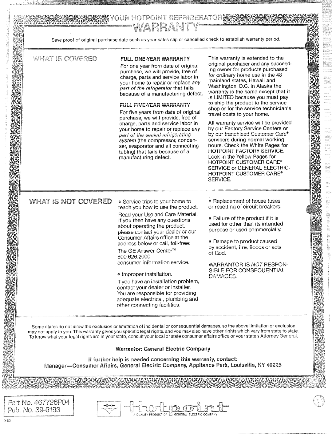 Hotpoint CTF19, CTF17 manual ‘FLU Oneyearwarranty, Full Fiveyearwarranty, HOTPOINTCUSTOMERCARE? Service 