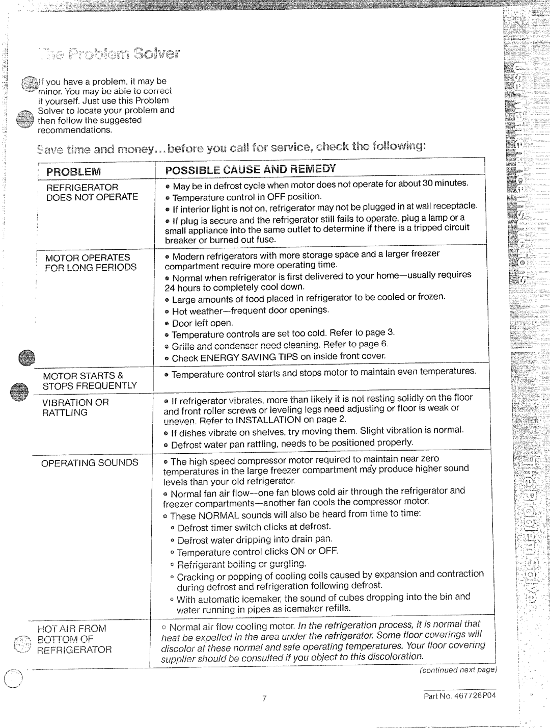 Hotpoint CTF17 $~$ then follow the suggested recommendations, ?EFf?!GERATOR, Vibration or, RA17LlNG, Operating Sounds 